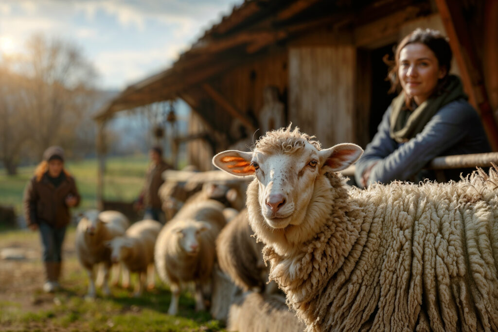 schapen staan voor een schuur